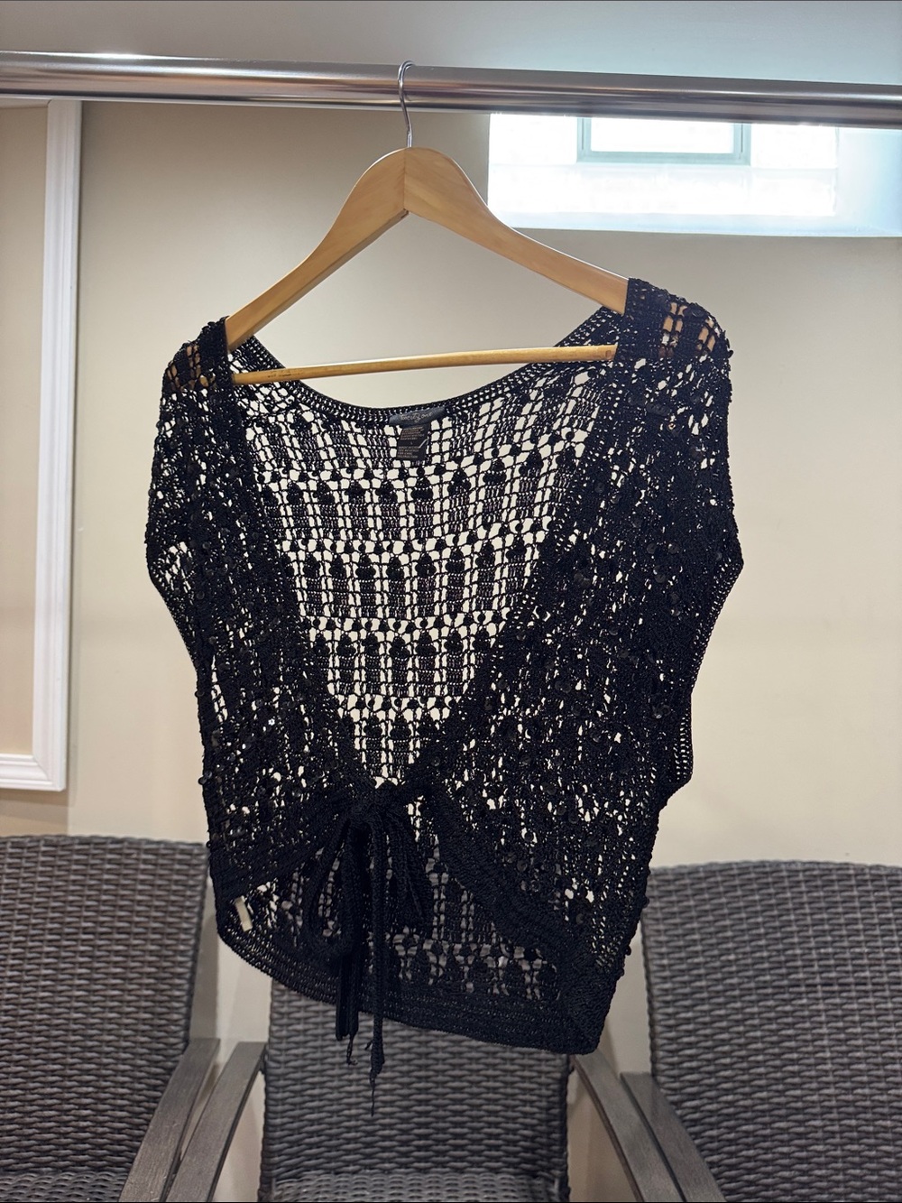 Black Crochet Tie-Front Women's Sweater